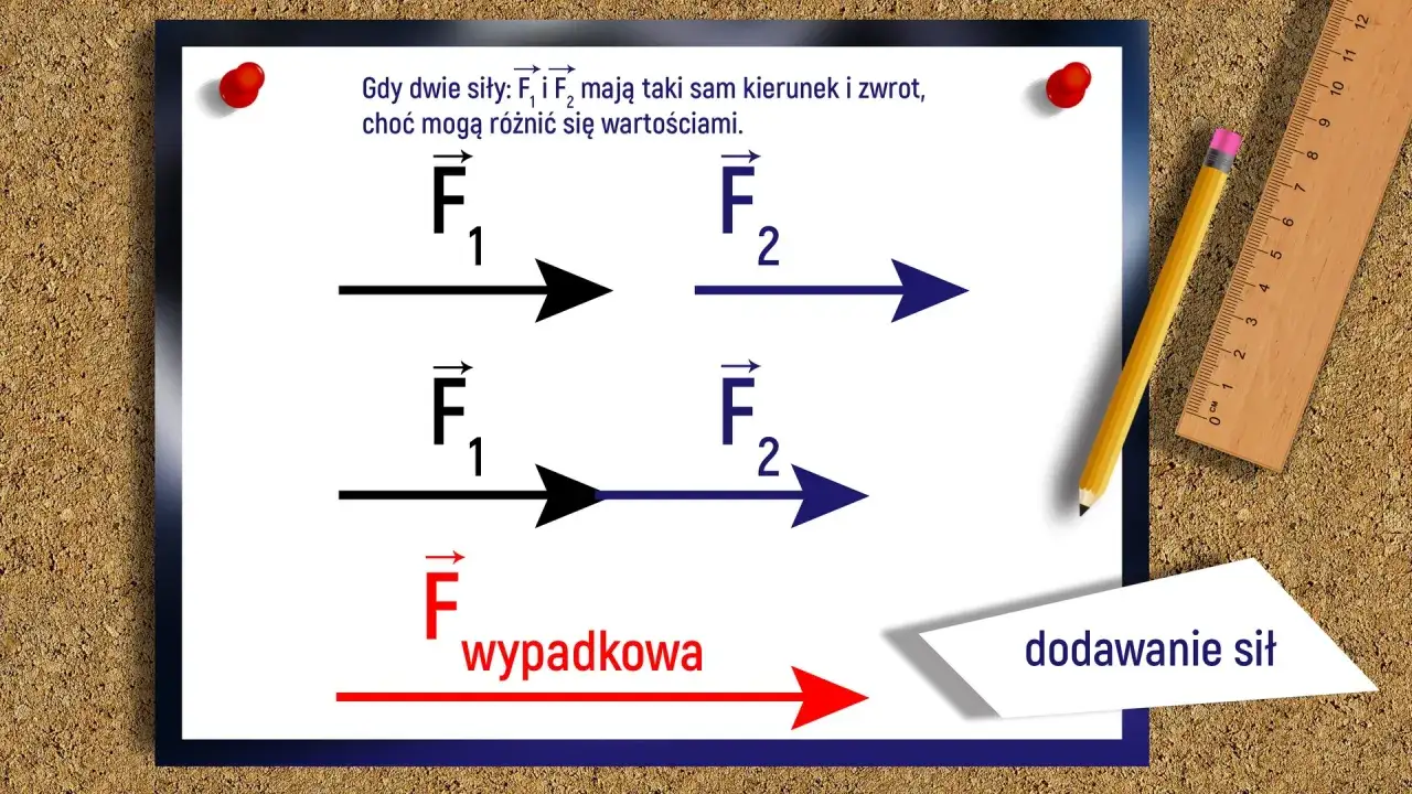 Ilustracja pokazuje dodawanie sił o tym samym kierunku. Siła wypadkowa jest sumą wektorów F₁ i F₂.