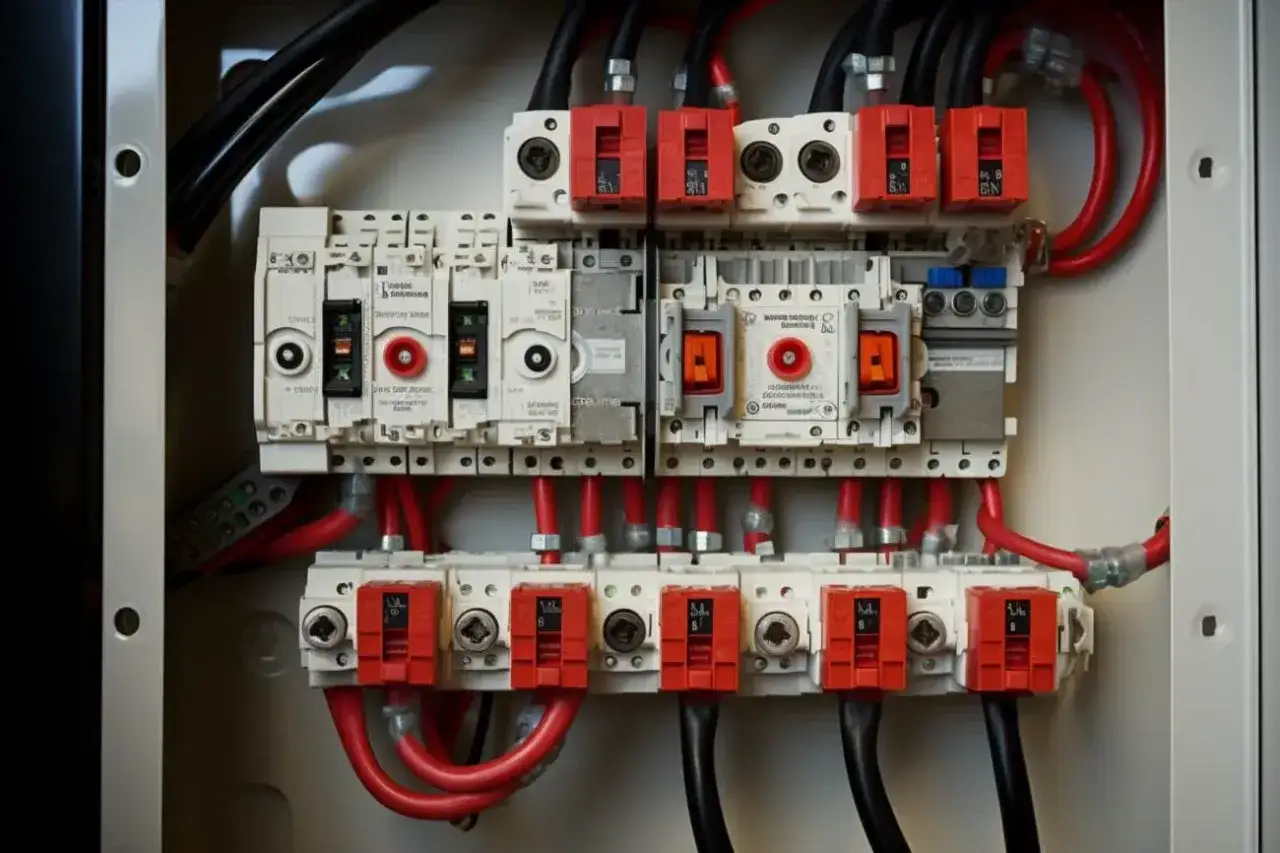 Wnętrze skrzynki z bezpiecznikami i przewodami elektrycznymi.