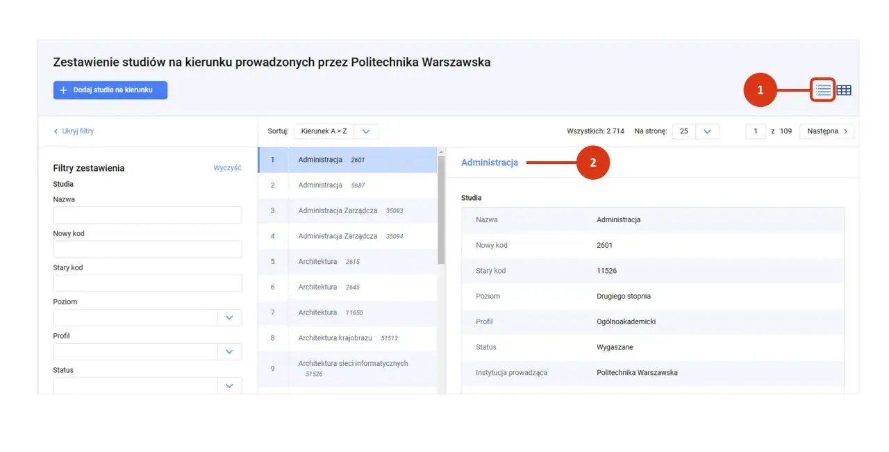 Zestawienie studiów na Politechnice Warszawskiej. Widzimy listę kierunków, w tym