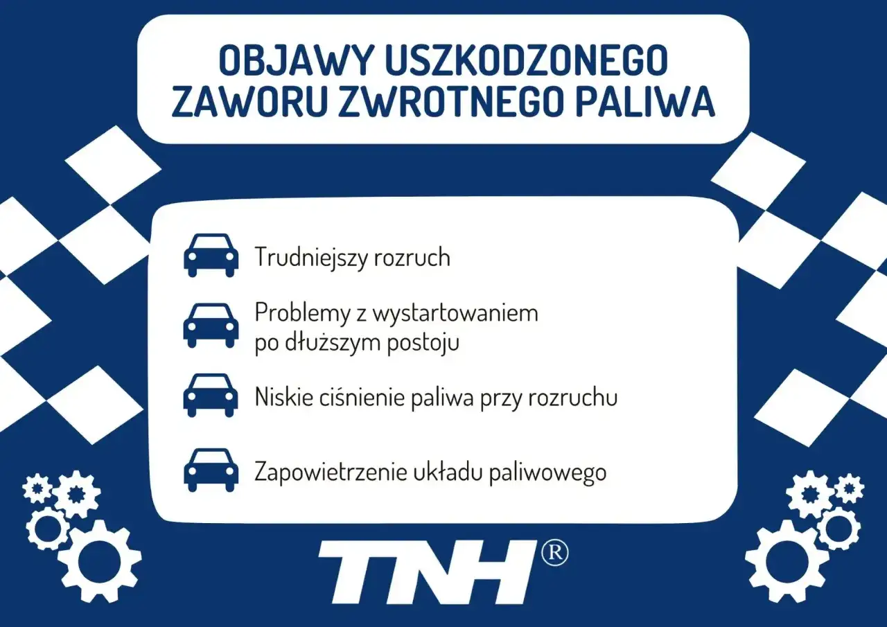 Objawy uszkodzonego zaworu zwrotnego paliwa: trudniejszy rozruch, problemy z wystartowaniem po postoju, niskie ciśnienie paliwa, zapowietrzenie układu.
