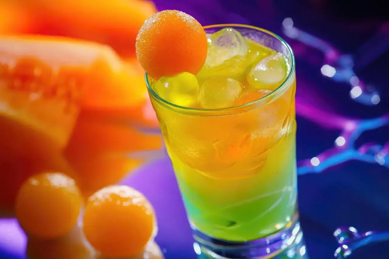 Letnie, kolorowe drinki z owocową kulką na wierzchu, idealne na upalne dni.