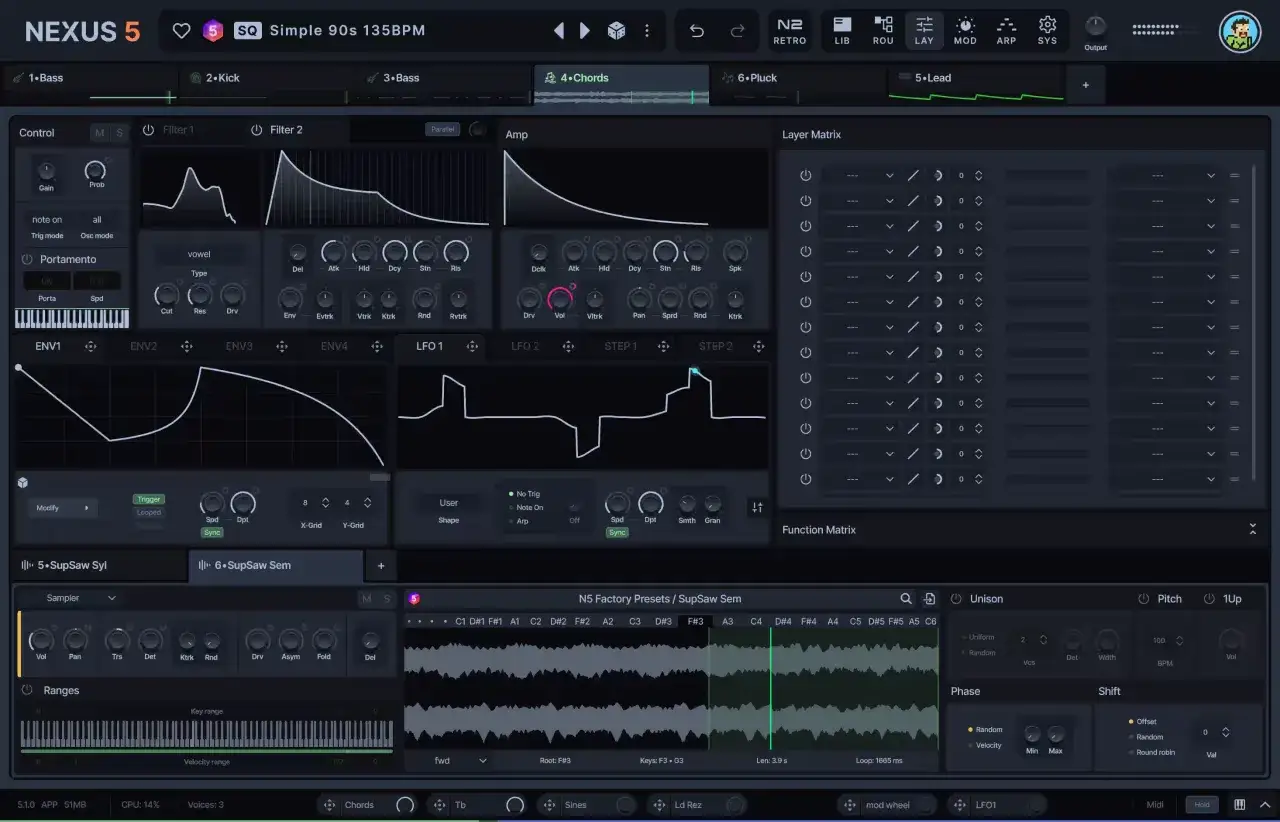 Nexus 5 FL Studio: Ein komplexes Musikproduktionsinterface mit Wellenformen, Reglern und einer Layer Matrix.