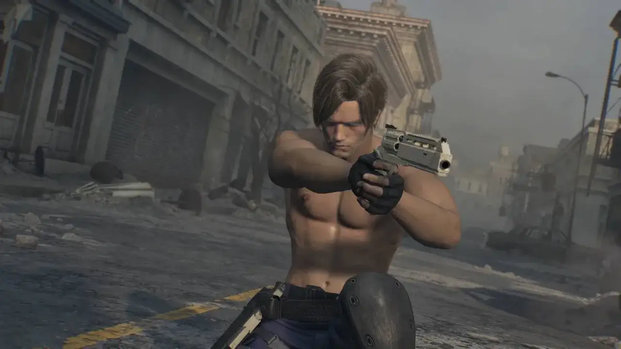 Leon S. Kennedy z Resident Evil 4, z pistoletem w ręku, gotowy do walki. Wygląda jak z najlepszego **resident evil spolszczenie**.