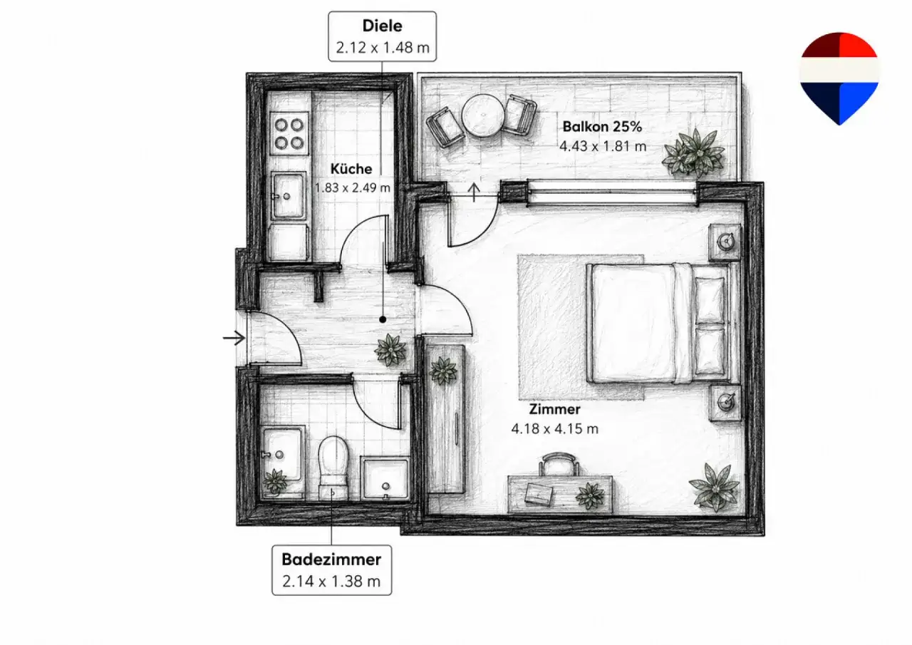 Grundriss einer Wohnung: K&uuml;che, Bad, Diele, Zimmer und Balkon. Ein Expos&eacute; Wohnung zeigt diese Aufteilung.