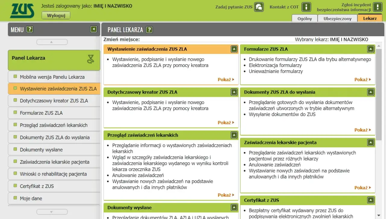 Panel lekarza ZUS: wystawianie i przegląd zaświadczeń lekarskich, formularze ZUS ZLA, dokumenty do wysłania. Zwolnienie lekarskie kody cyfrowe.