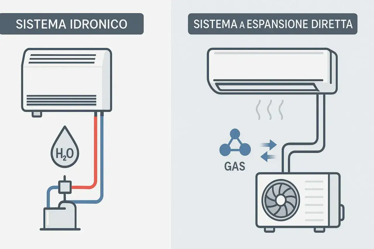 Schema di un sistema idronico con fan coil deumidificatore e uno a espansione diretta con unità esterna.