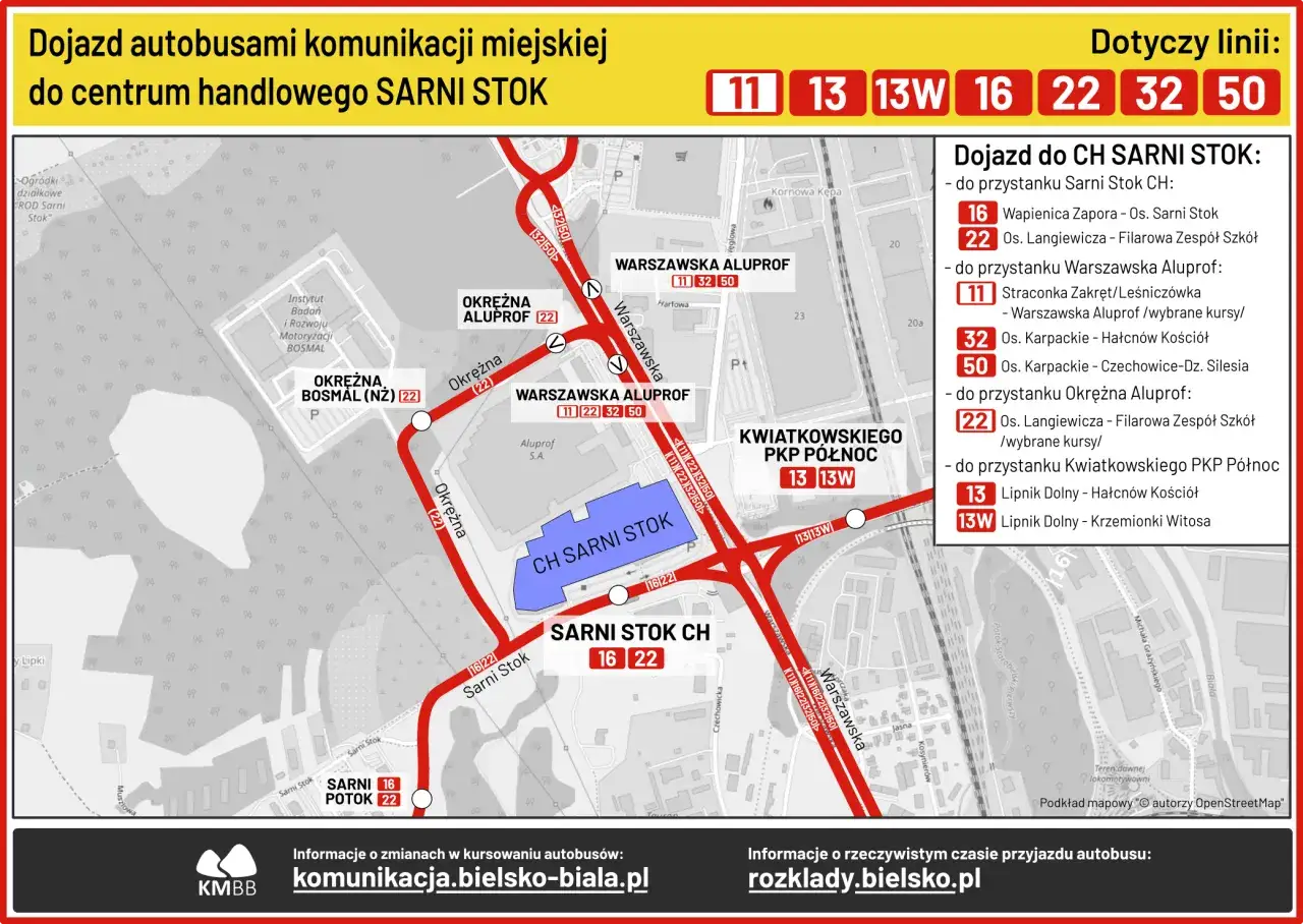 Mapa z rozkład jazdy autobusów Bielsko do CH Sarni Stok. Linie 11, 13, 13W, 16, 22, 32, 50.