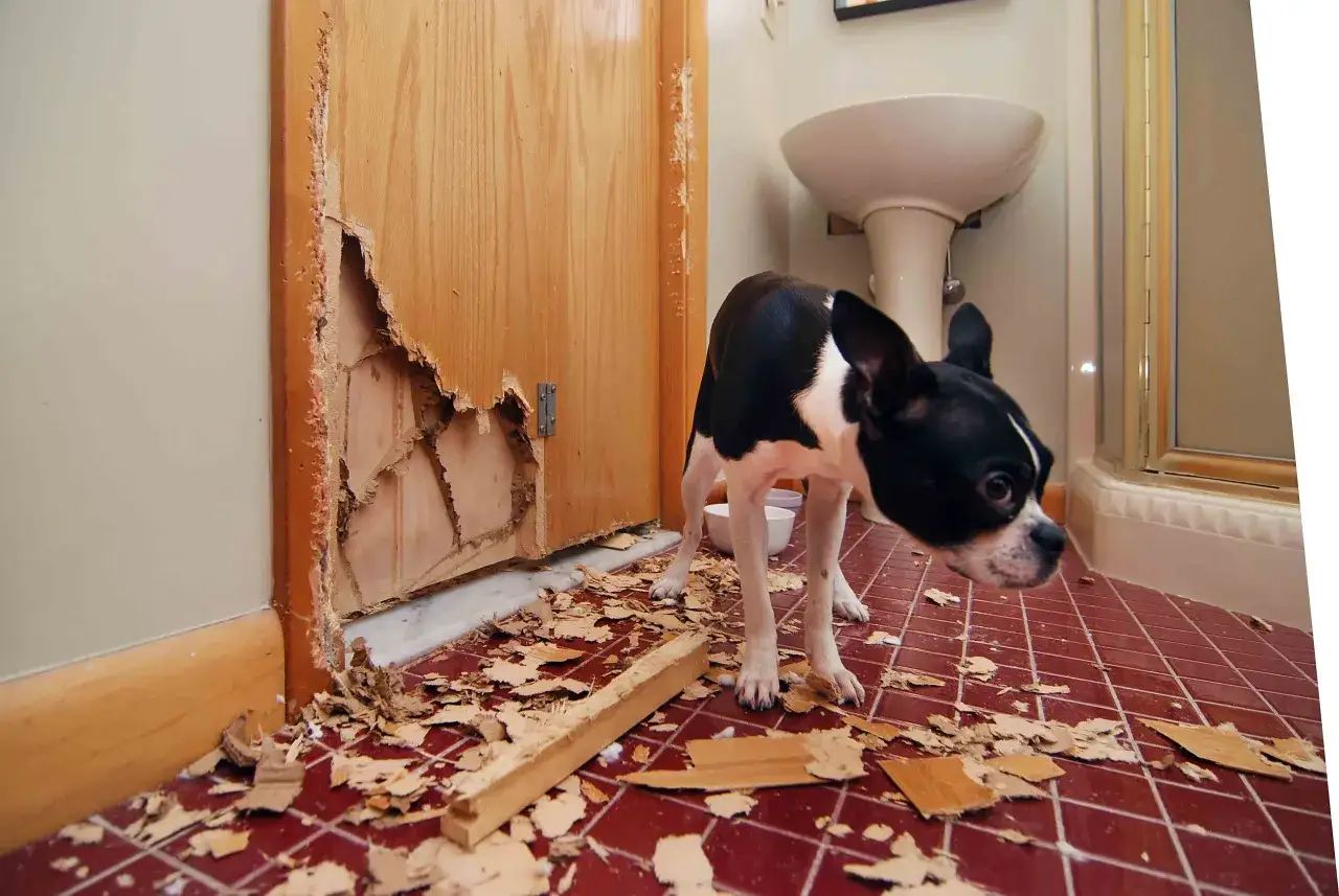 Perro Boston Terrier destrozando una puerta, evidencia de ansiedad por separación en perros.