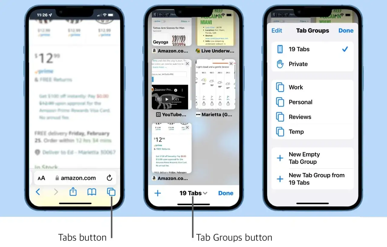 Hantera dina flikar p&aring; iPhone. Organisera dina &ouml;ppna webbsidor i grupper f&ouml;r enklare &aring;tkomst.
