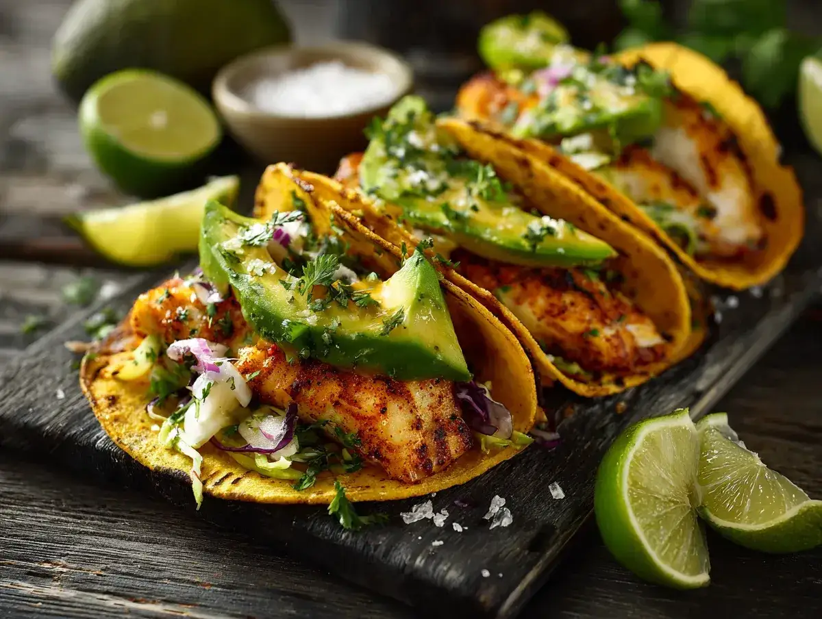 Färgglada fisktacos med avokado, lime och koriander. Ett perfekt fisktacos recept för en härlig middag.