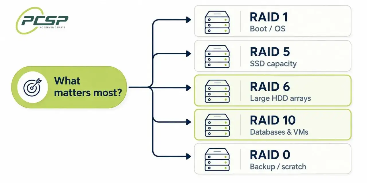 Schemat porównuje różne konfiguracje RAID, w tym RAID 5 dla SSD, pomagając wybrać najlepsze rozwiązanie.