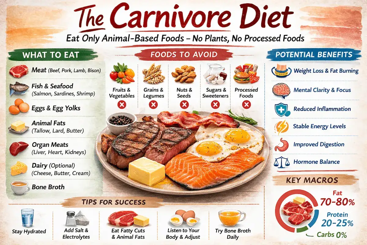 Dieta carnivore: mięso, ryby, jaja, tłuszcze zwierzęce. Unikaj roślin, cukr&oacute;w. Korzyści: utrata wagi, jasność umysłu.