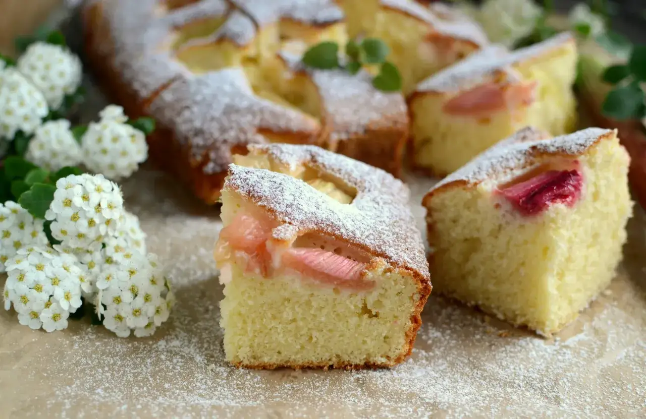 Puszyste ciasto z rabarbarem, posypane cukrem pudrem, idealne na wiosenne popołudnie. Ten przepis na ciasto z rabarbarem zachwyci każdego.