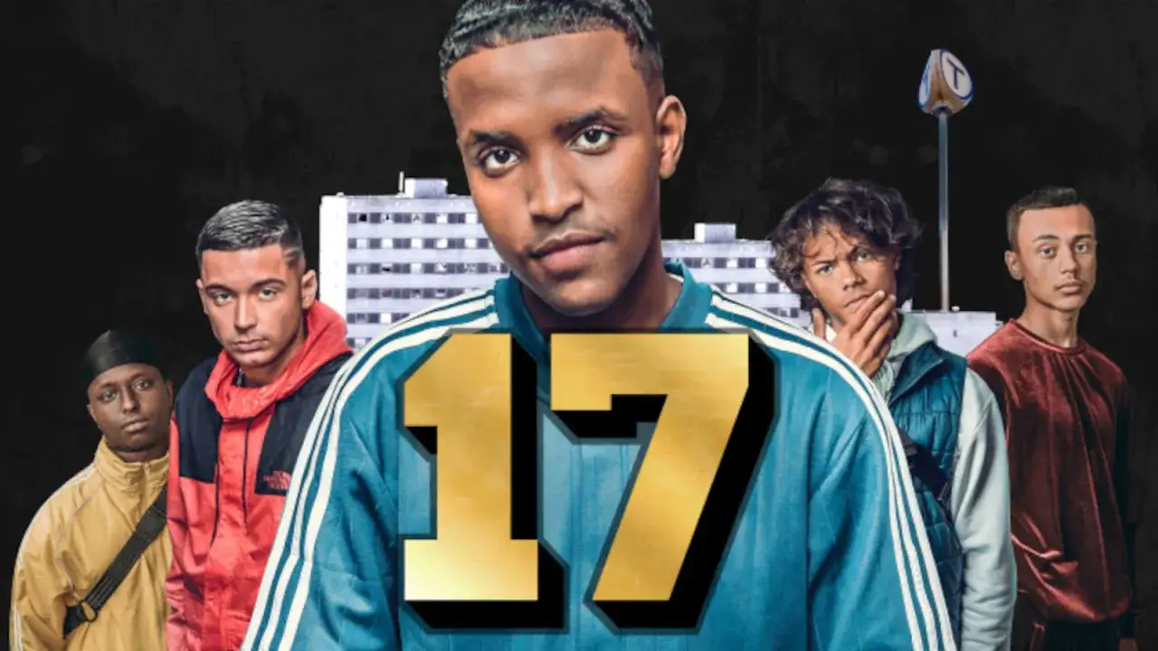 Poster för norsk serie svt. Fem unga män står framför en mörk bakgrund med en stadssilhuett.