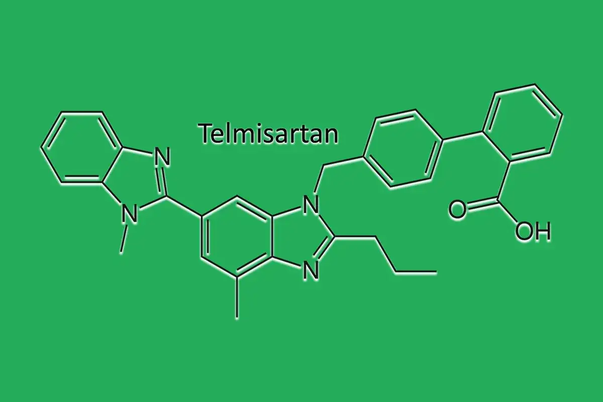 Struktura chemiczna telmisartanu. Informacja o tym, że telmisartan egis wycofany, może być powiązana z tym lekiem.