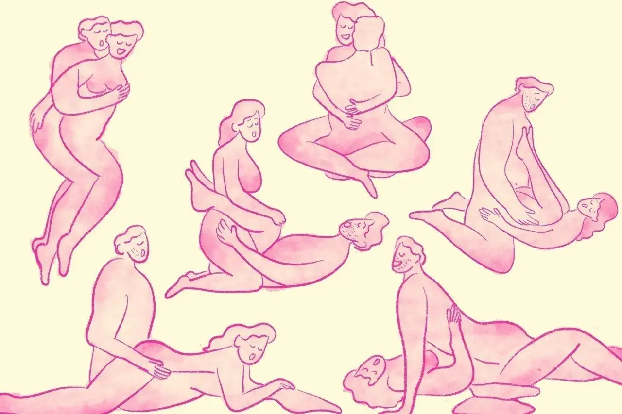 Ilustracje przedstawiające różne pozycje seksualne dla początkujących, ukazujące bliskość i intymność.