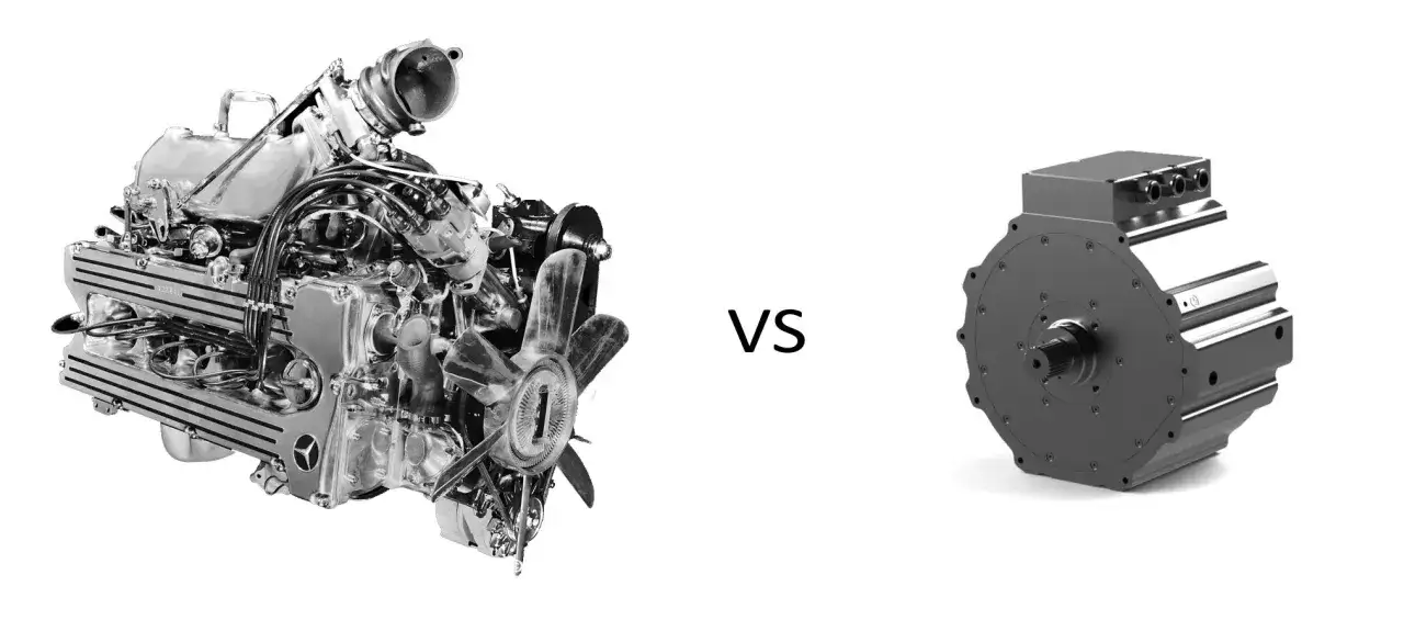 Vergleich: Komplexe Bauteile eines Verbrennungsmotors stehen einem modernen Elektromotor gegenüber.