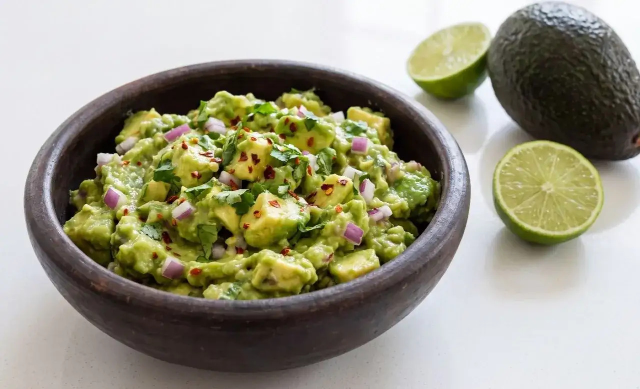 En skål med krämig guacamole, toppad med rödlök, koriander och chiliflakes. Bredvid syns färska limefrukter och en hel avokado. Perfekt för ditt guacamole recept!