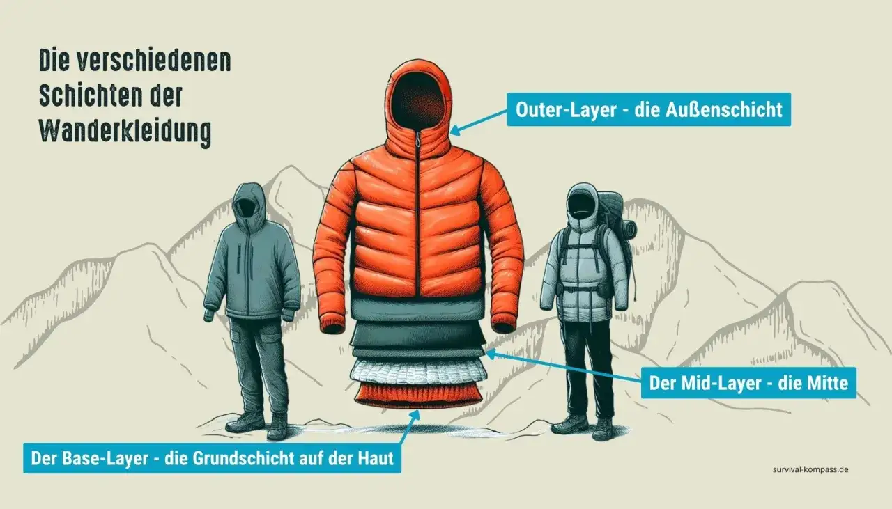 Das Zwiebelprinzip Kleidung: Base-Layer, Mid-Layer und Outer-Layer f&uuml;r Wanderer. Illustration zeigt drei Outfits und die Schichten einer Jacke.
