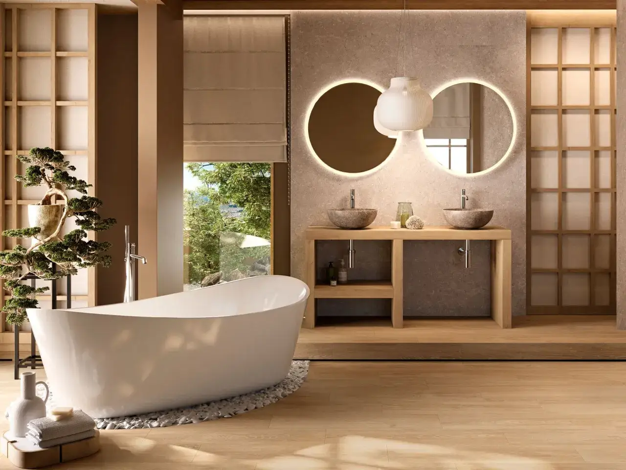 Relajante ba&ntilde;o japon&eacute;s con ba&ntilde;era exenta, lavabos de piedra y detalles de madera.
