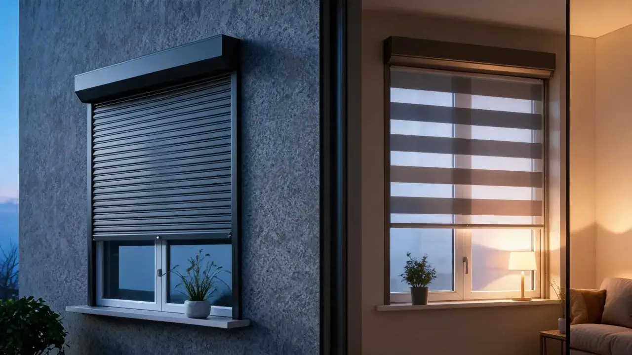 Dwa rodzaje rolet: zewnętrzne, ciemne, chroniące okno domu, oraz wewnętrzne, dzień-noc, tworzące przytulną atmosferę w pokoju.