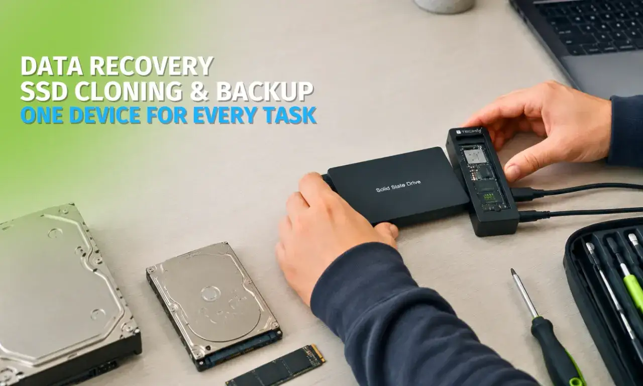 H&auml;nde verbinden eine SSD mit einem Klon-Ger&auml;t f&uuml;r Datenwiederherstellung und backup. Daneben liegen Festplatten.