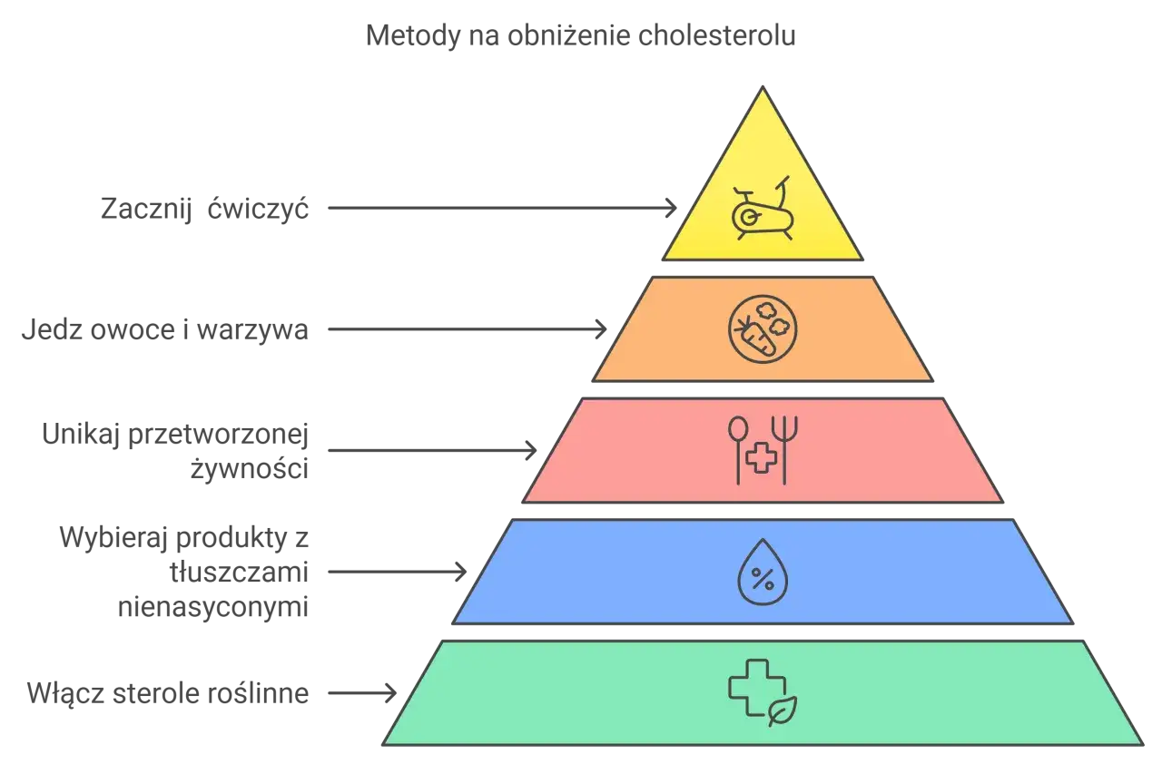 Piramide zdrowia: ćwiczenia, owoce, warzywa, zdrowe tłuszcze, sterole roślinne pomogą obniżyć wysoki cholesterol.