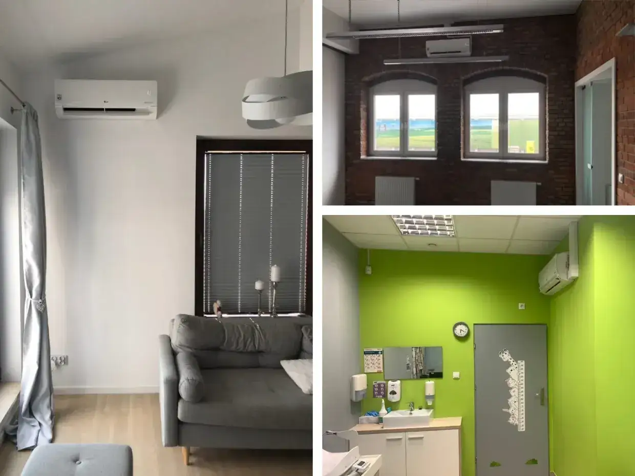 Trzy zdjęcia pokazujące zainstalowane klimatyzatory w różnych pomieszczeniach: salon, biuro z ceglaną ścianą, pokój dziecięcy.