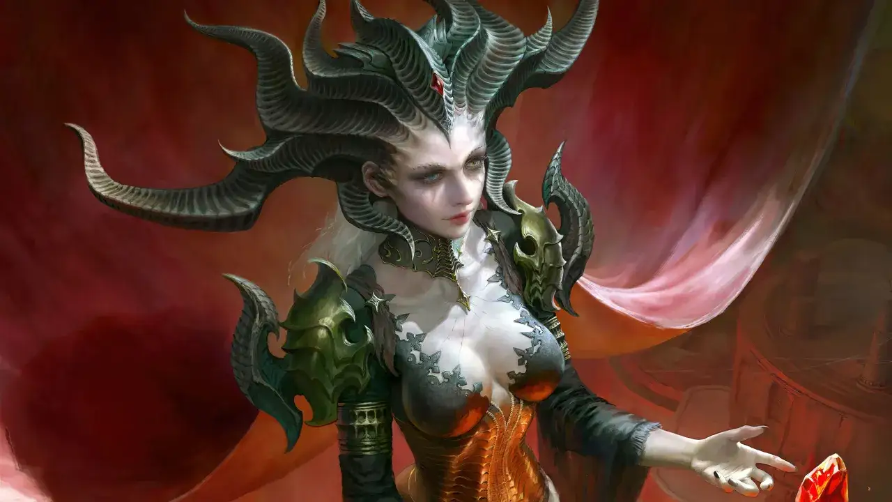Diablica z rogami i klejnotem w dłoni, symbolizująca osiągnięcie diablo 4 max level.