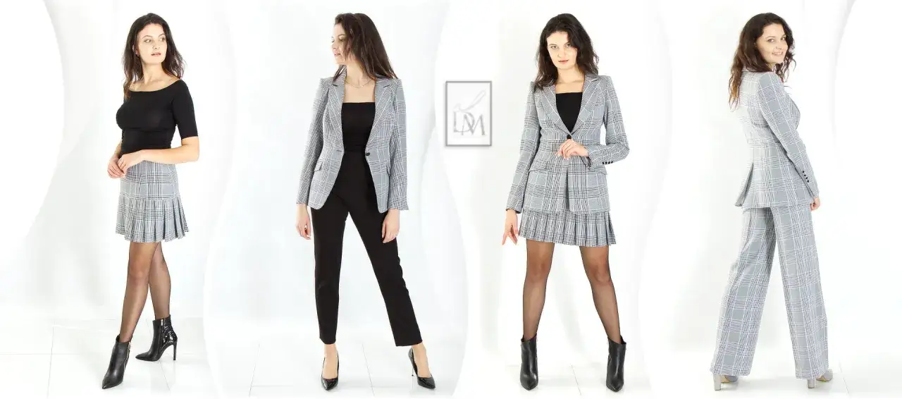 Eleganckie stylizacje do pracy: co ubrać na rozmowę kwalifikacyjną? Krata na spódnicy, spodniach i marynarce.