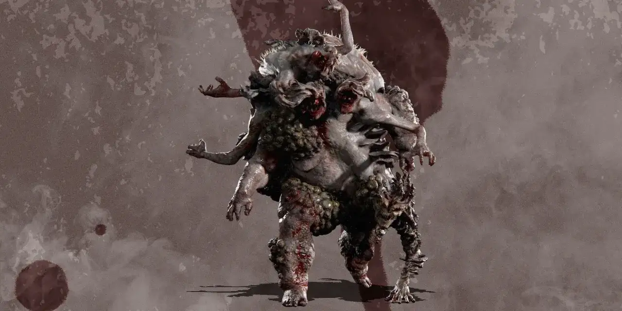 Potworna, zmutowana istota z The Last of Us, przypominająca król szczurów, z wieloma kończynami i głowami.