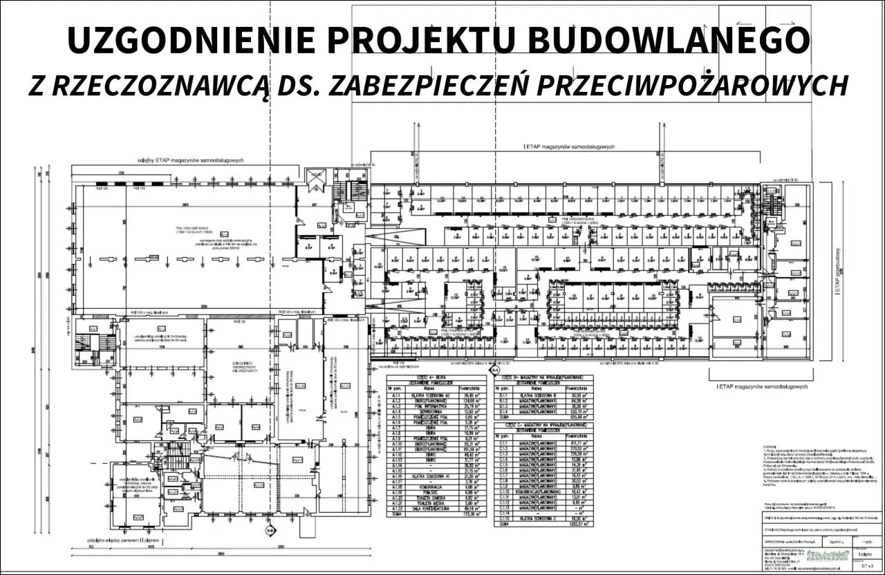 Projekt budowlany w trakcie uzgodnienia z rzeczoznawcą ppoż. Plan magazynów samoobsługowych i do wynajęcia.