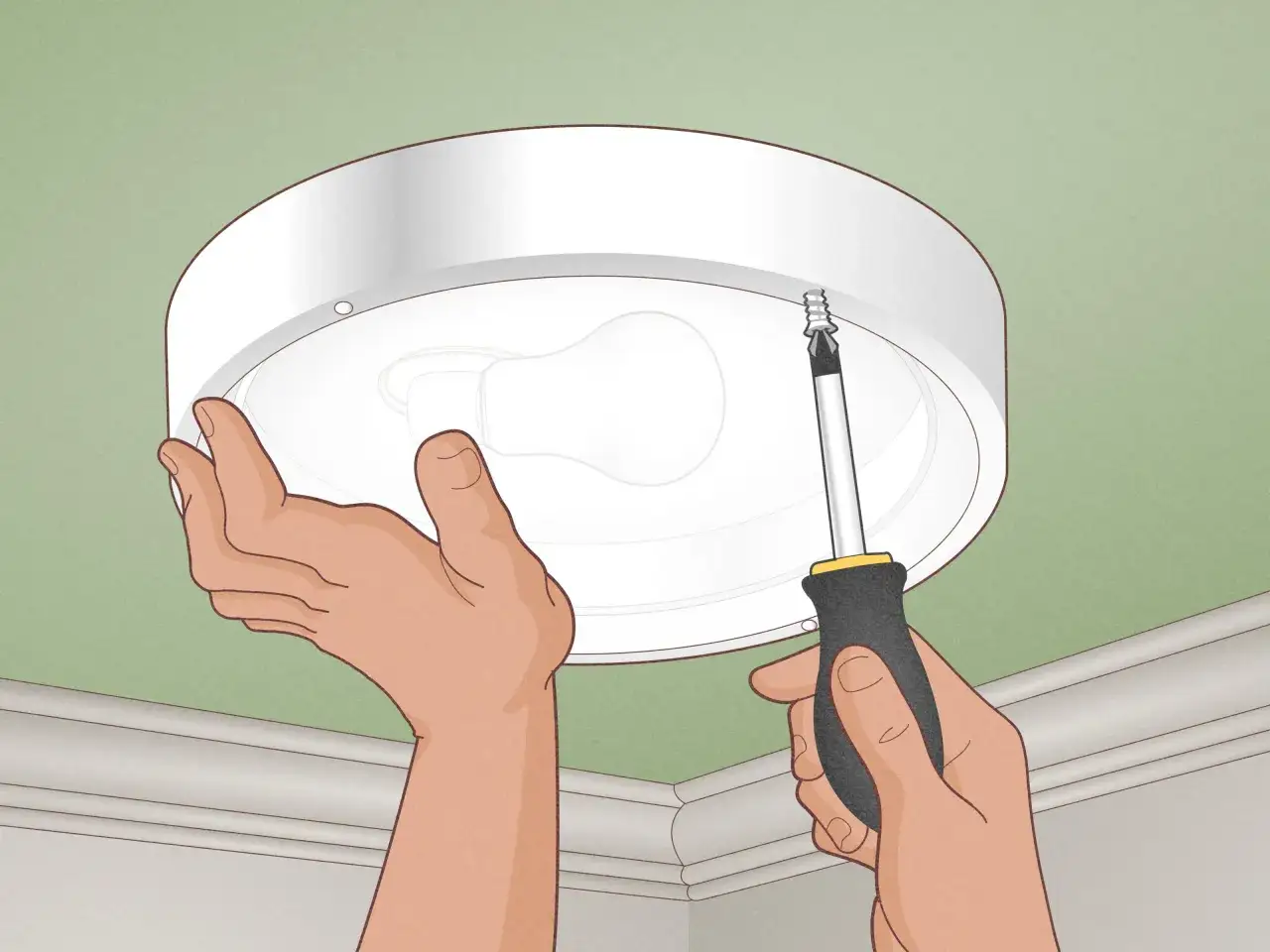Hände halten eine Deckenlampe, während eine Schraube mit einem Schraubendreher gelöst wird. Anleitung zum Lampe abmontieren.