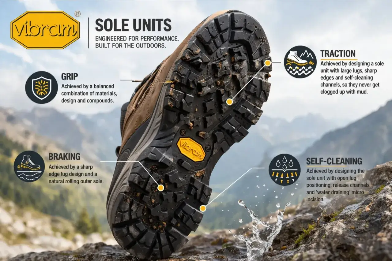 Vibram sole unit on a hiking boot, showcasing its grip, braking, traction, and self-cleaning features. These boots are made of durable materials for outdoor performance.