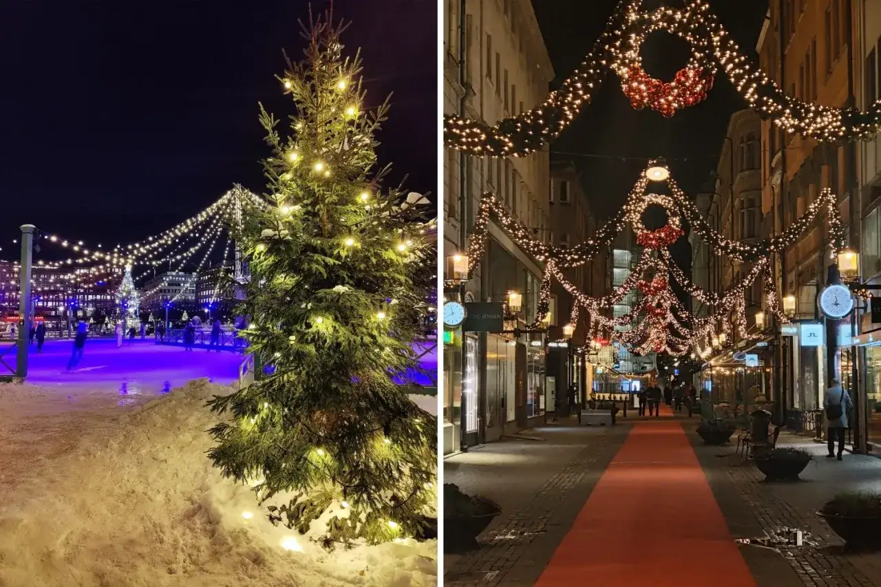 Julaktiviteter Stockholm: en julgran med ljus och en isbana till vänster, en julpyntad gata med röda mattan till höger.