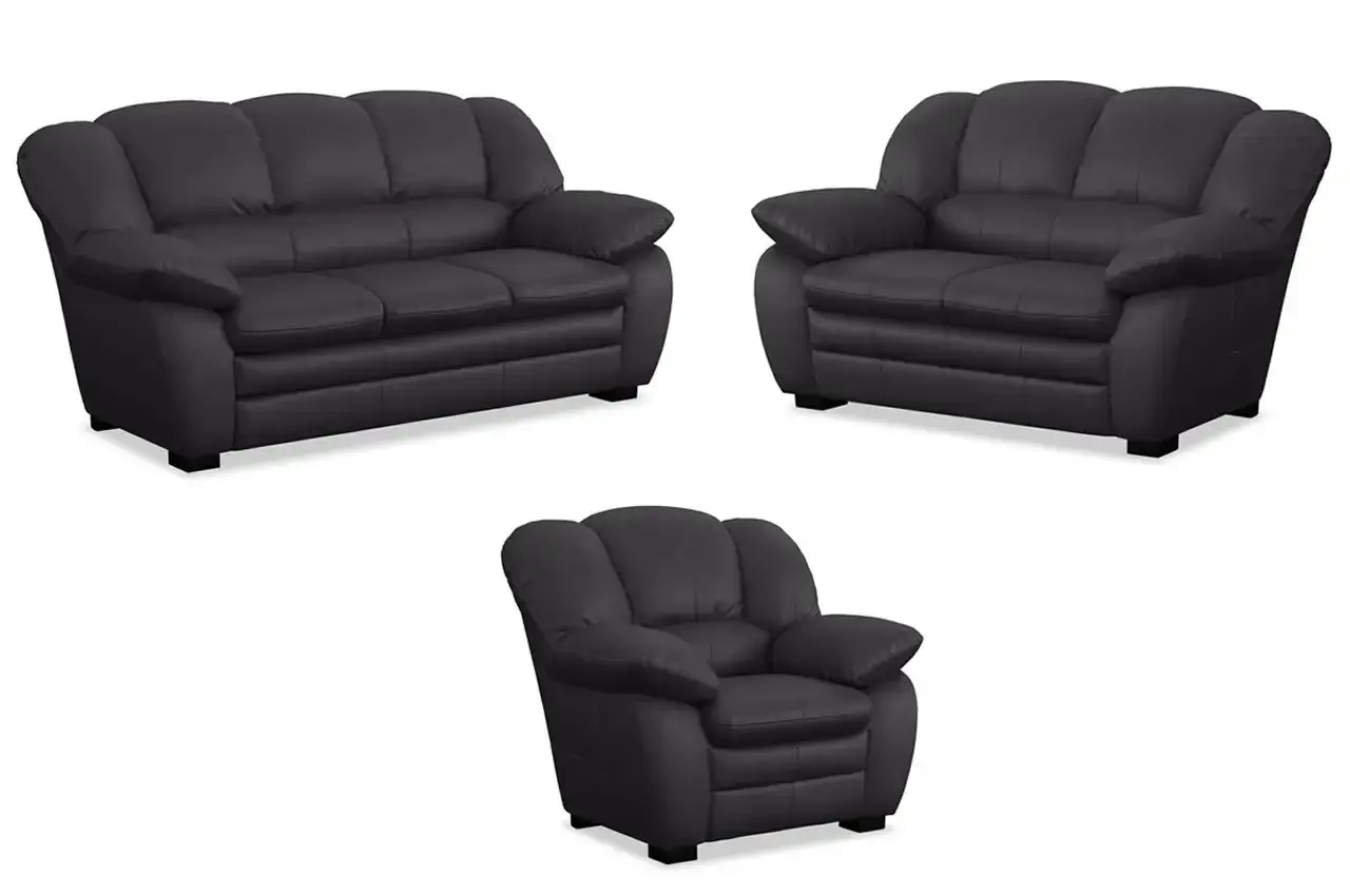 Schwarzes Ledersofa und Sessel. Dieses Leder ist am robustesten für Möbel, die viel genutzt werden.