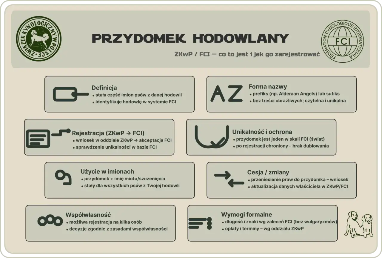 Jak założyć hodowlę psów w stowarzyszeniu? Infografika wyjaśnia definicję, rejestrację, użycie i formalności związane z przydomkiem hodowlanym ZKwP/FCI.