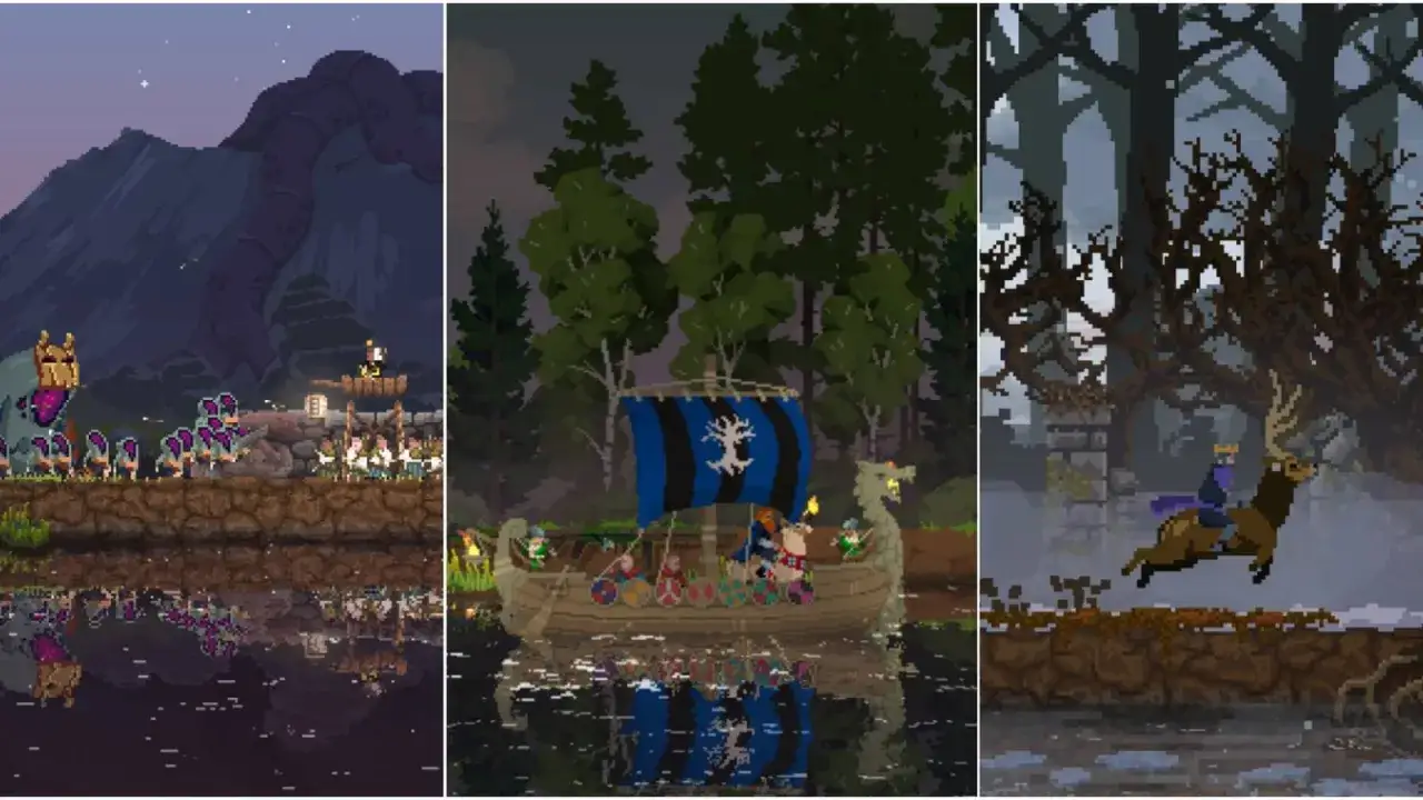 Pixelartowe sceny z Kingdom Two Crowns. Poradnik pokazuje króla na jeleniu, wikingów na łodzi i armię pod górą.