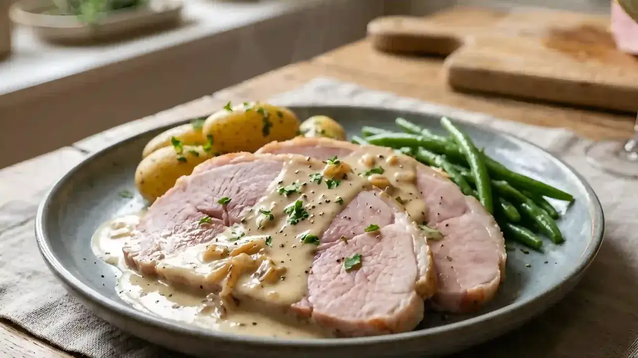 Tranches de jambon à la chablisienne nappées d'une sauce crémeuse, accompagnées de pommes de terre et haricots verts. Un plat savoureux.