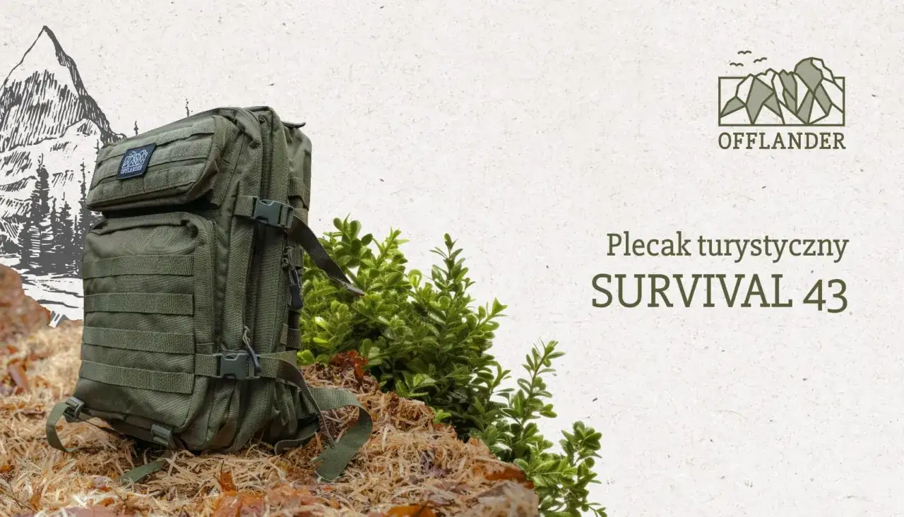 Zielony plecak turystyczny SURVIVAL 43, idealny jako plecak do lasu, gotowy na przygodę.