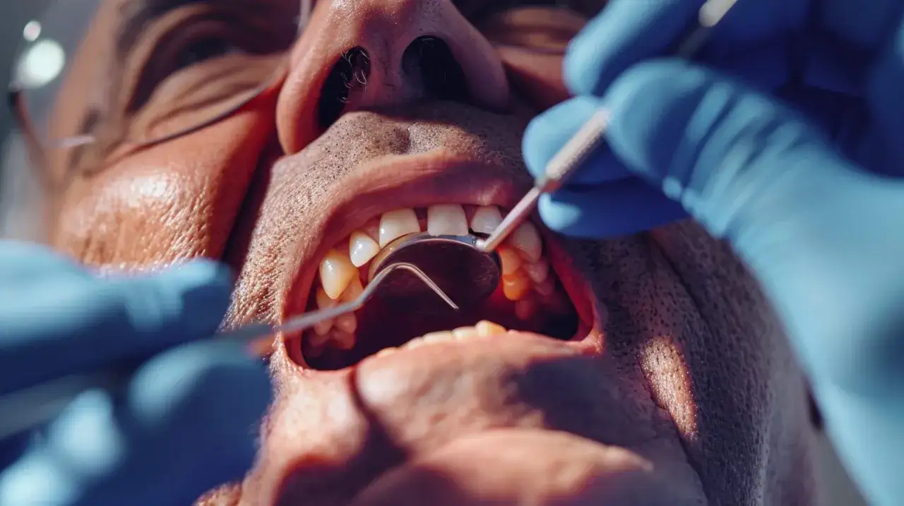 Dentysta bada jamę ustną pacjenta, sprawdzając, ile rozpuszczają się szwy.