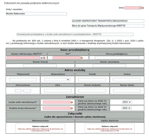 dokument oświadczenie zatrudnienie kierowcy przepisy