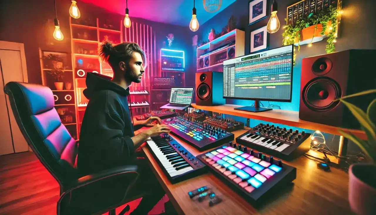 Mann in dunklem Hoodie kreiert einen **trap beat** in seinem beleuchteten Musikstudio mit Keyboards, Pads und Monitoren.