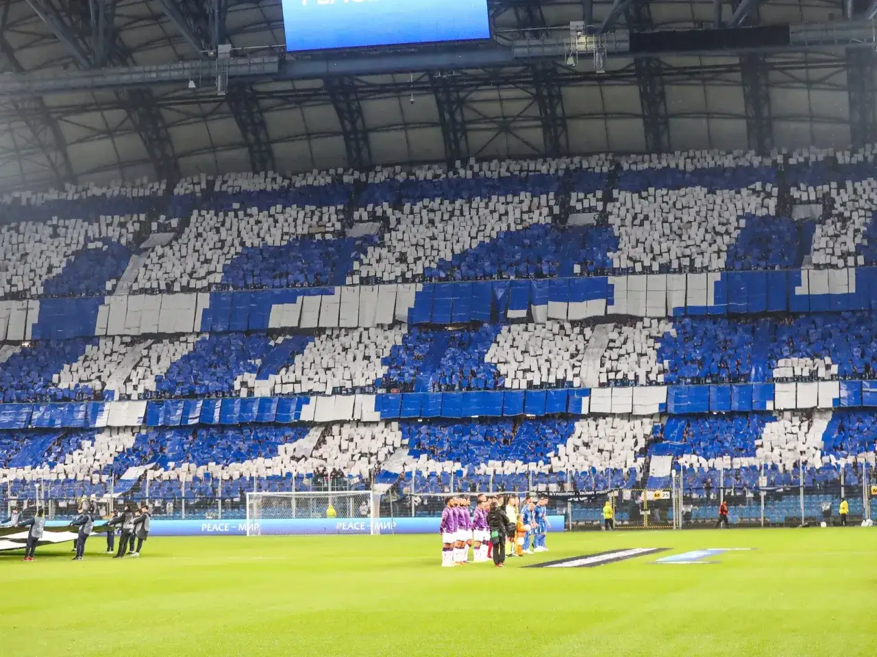 Tryb kibica włączony! Trybuny stadionu rozświetlone niebiesko-białymi flagami, jak na transmisji Polsat Sport Premium.
