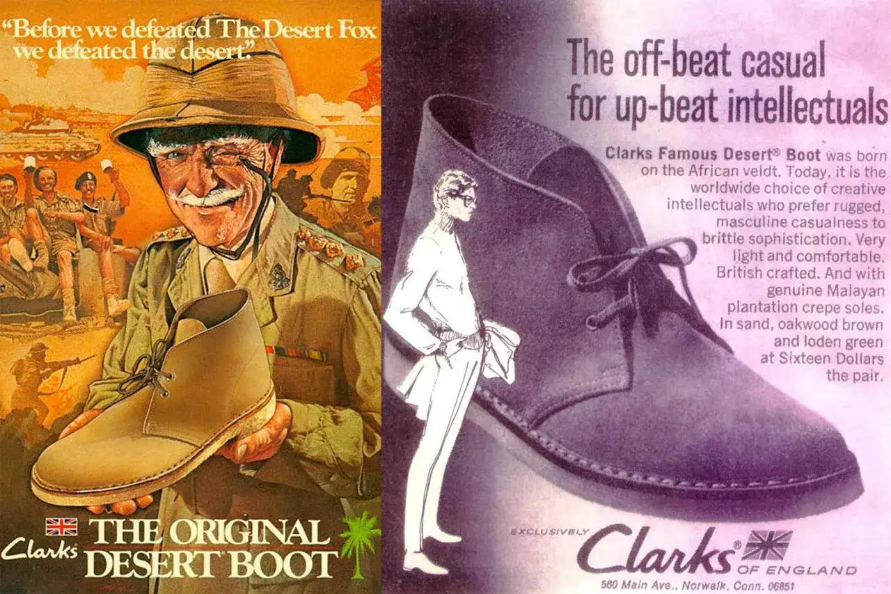 Clarks to brytyjska marka obuwia, znana z kultowych Desert Boots. Reklama przedstawia żołnierza z pustynnym obuwiem.
