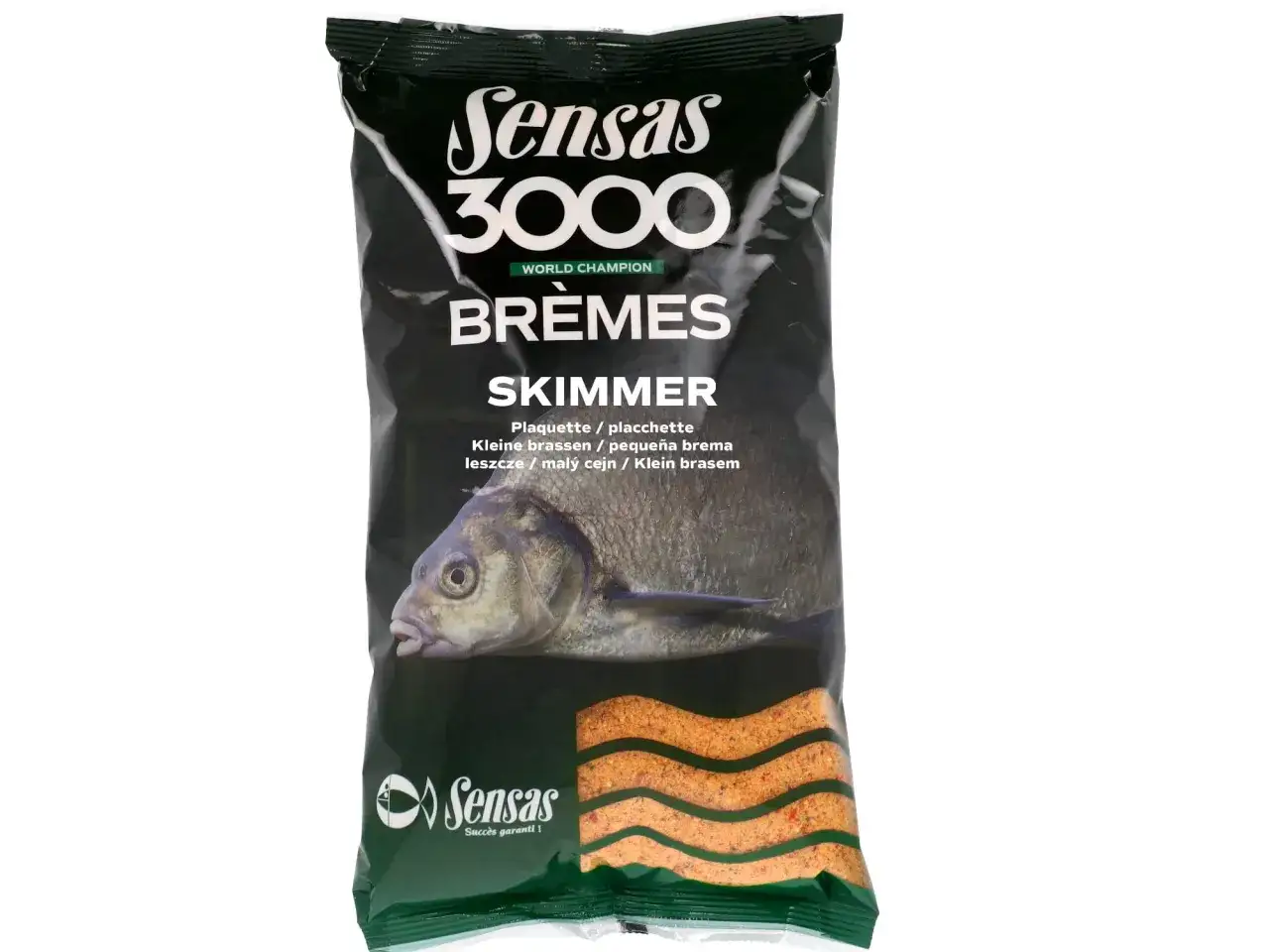 Opakowanie zanęty SENSAS 3000 Brèmes Skimmer, z wizerunkiem leszcza i pomarańczowej mieszanki.