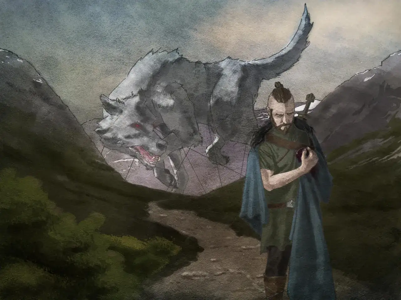 En man med svärd på ryggen står inför en stor varg med glödande ögon. En scen som påminner om tyr i nordisk mytologi.