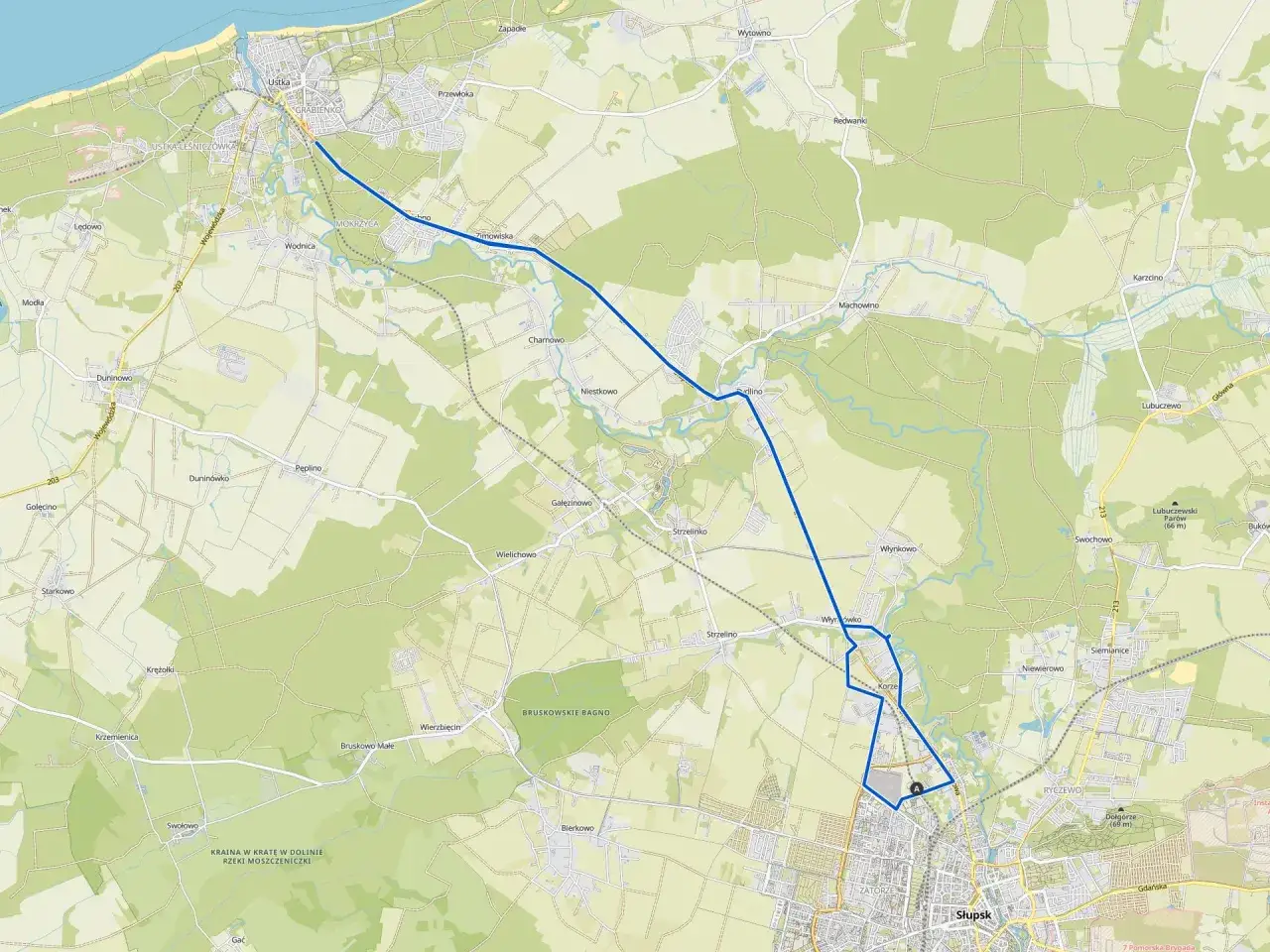 Mapa przedstawia planowane trasy rowerowe Słupsk i okolice, łączące miasto z Ustką i terenami wiejskimi.
