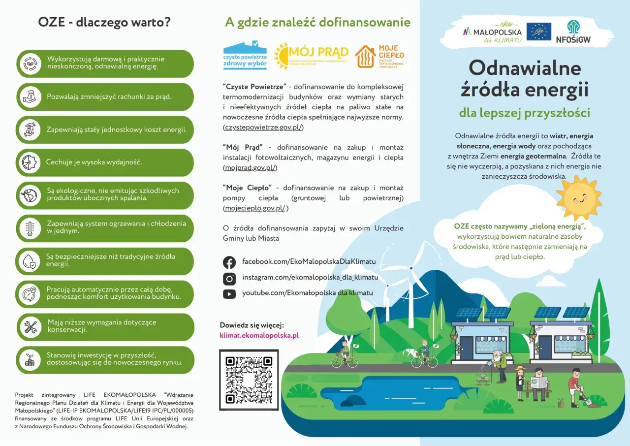 Grafika przedstawia odnawialne źródła energii, takie jak wiatr i słońce, jako klucz do lepszej przyszłości.