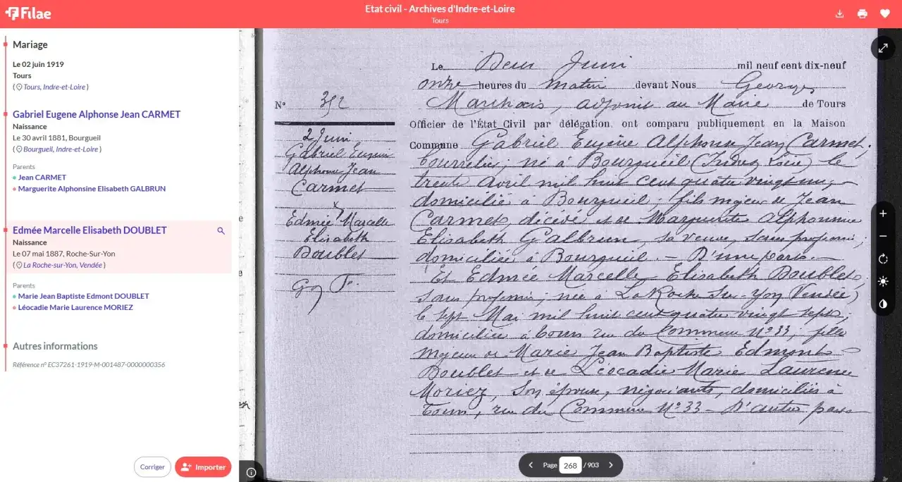 Archives d&eacute;partementales d'Indre-et-Loire : acte de mariage de Gabriel Eug&egrave;ne Alphonse Jean CARMET et Edm&eacute;e Marcelle Elisabeth DOUBLET.